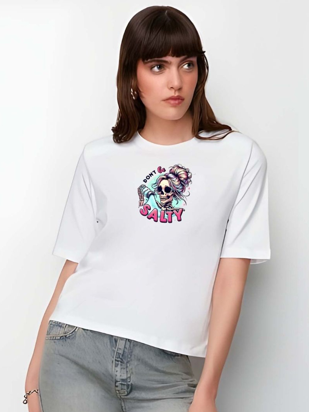

DressBerry Women Graphic Printed Round Neck Cotton Boxy T-shirt, White