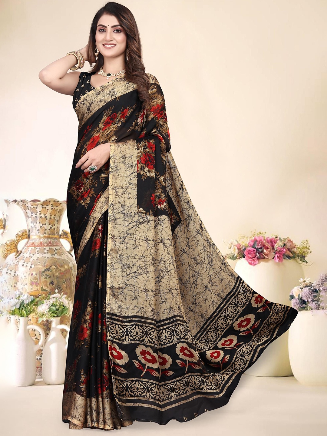 

MAGNEITTA Women Floral Printed Pure Chiffon Saree, Black