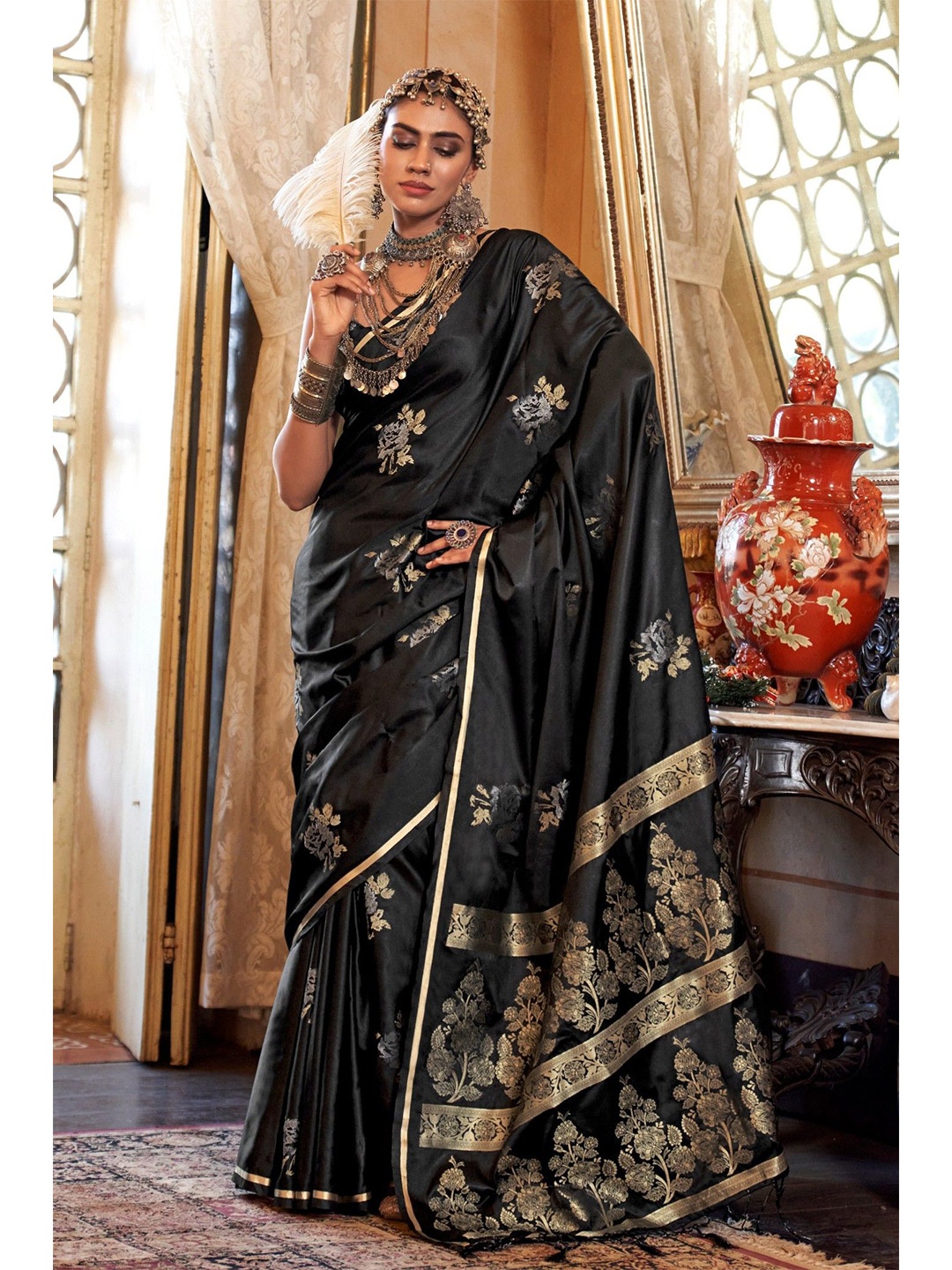 

MySilkLove Woven Design Zari Satin Banarasi Saree, Black