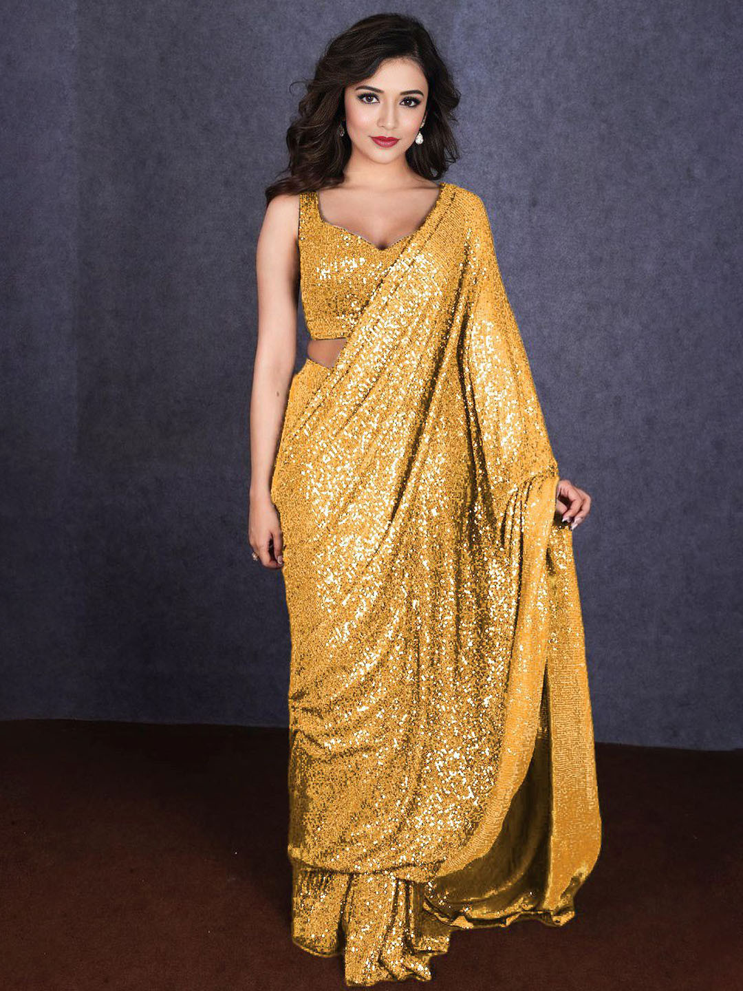 

ANJANI TEXTILE Embellished Sequinned Poly Georgette Heavy Work Saree, Gold