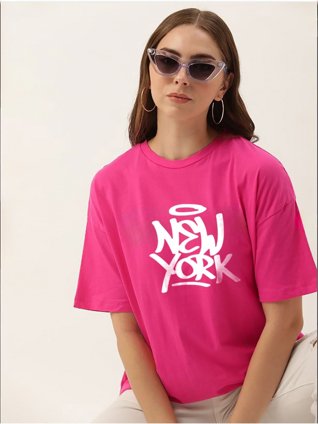 

My Swag Women Typography Printed Round Neck Cotton Oversized T-shirt, Pink