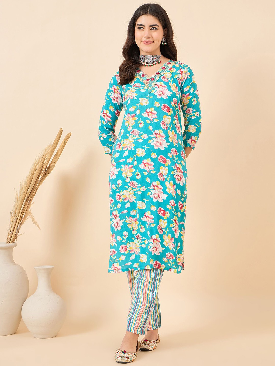 

Anouk Turquoise Blue Floral Printed V-Neck Pure Cotton Kurta With Trouser