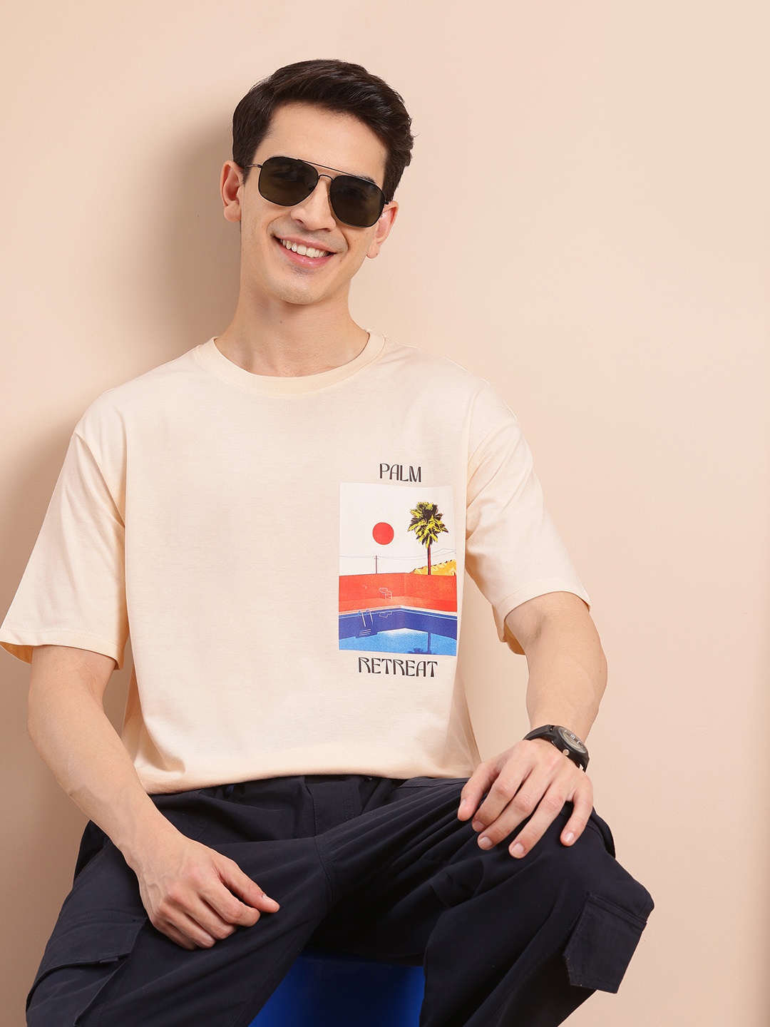

Mast & Harbour Printed Drop-Shoulder Sleeves Relaxed T-shirt, Cream