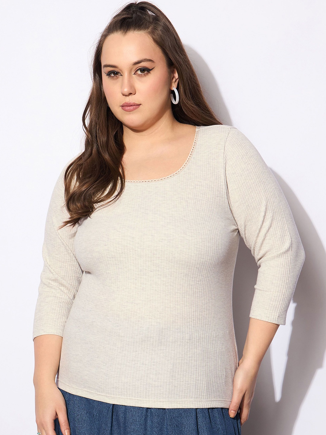 

SASSAFRAS Curve Women Ribbed Ribbed Scoop Neck Top, Beige