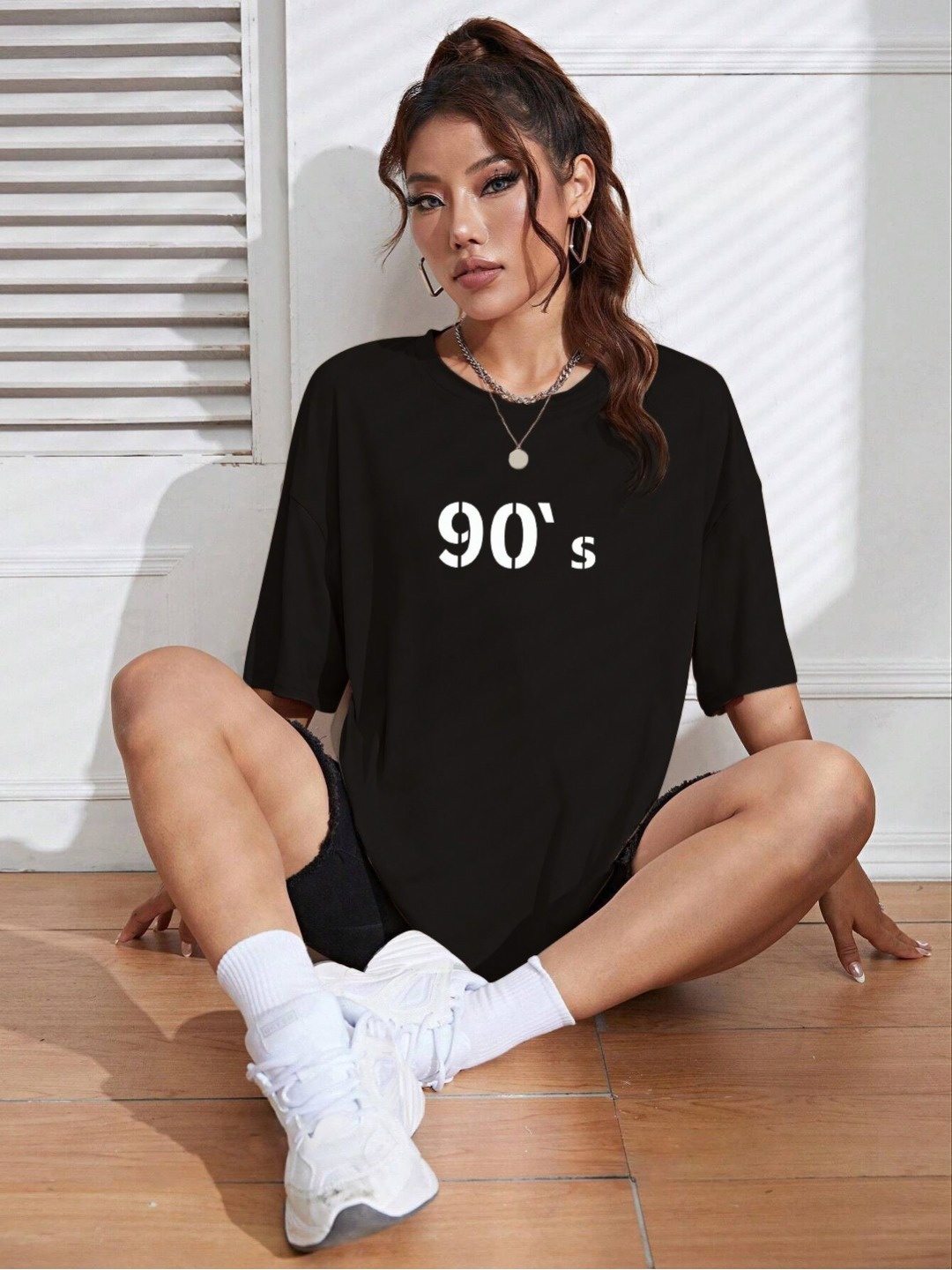 

TOGS & TERRE Women Typography Printed Round Neck Cotton Oversized T-shirt, Black