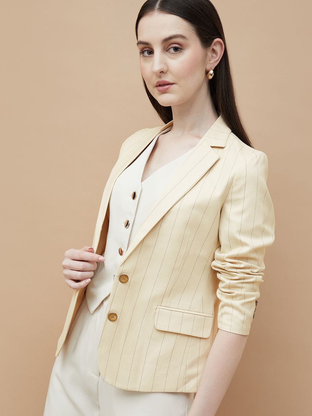 

CODE by Lifestyle Striped Notched Lapel Collar Tailored Fit Formal Blazer, Beige