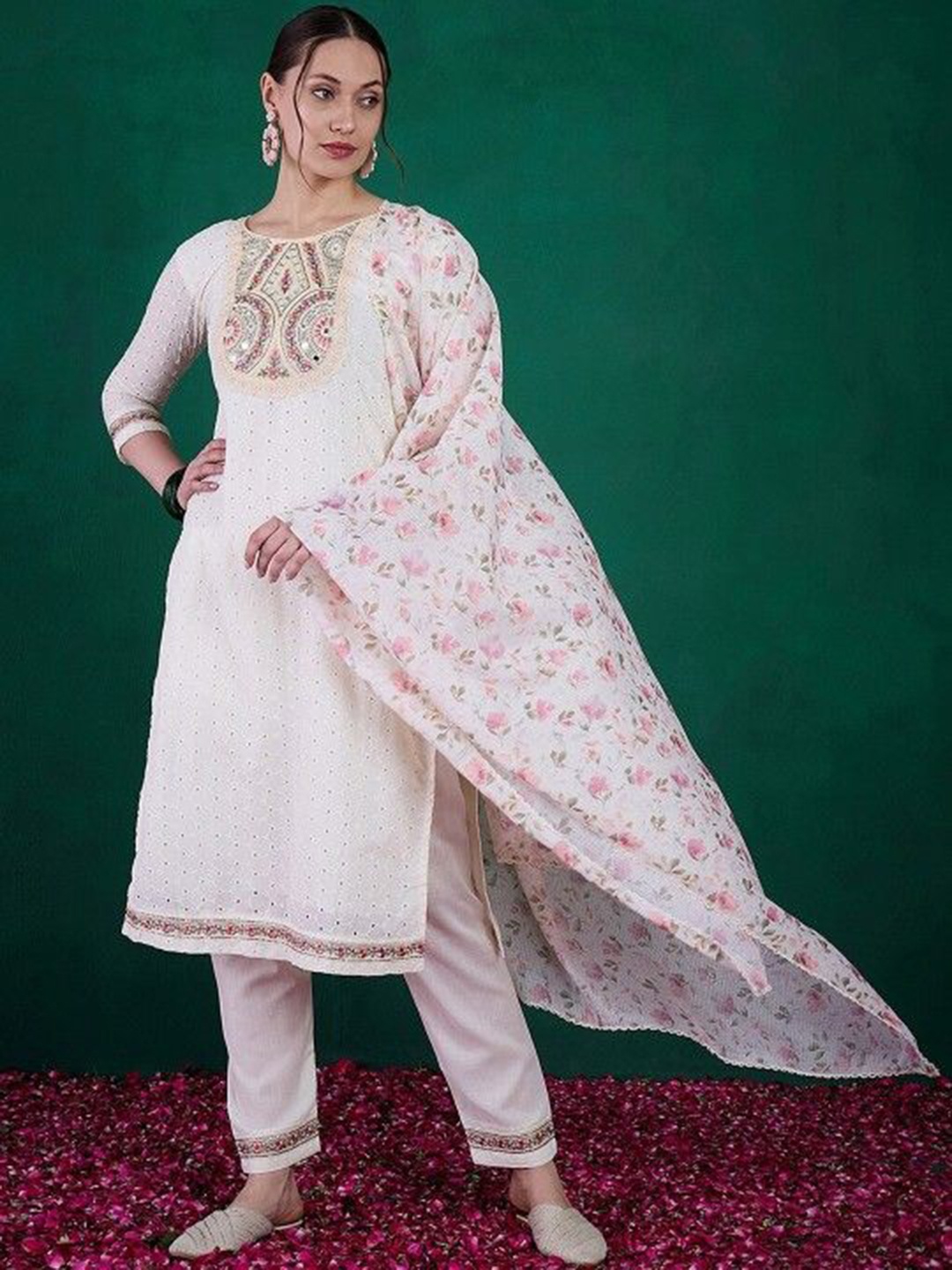 

KALINI Floral Embroidered Mirror Work Round Neck Pure Cotton Kurta With Trousers & Dupatta, White