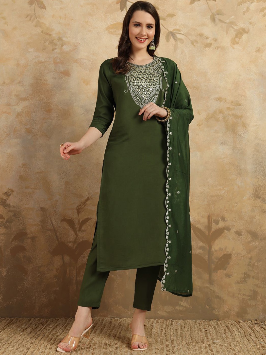 

Moda Rapido Floral Yoke Design Round Neck Straight Kurta With Trousers And Dupatta, Green