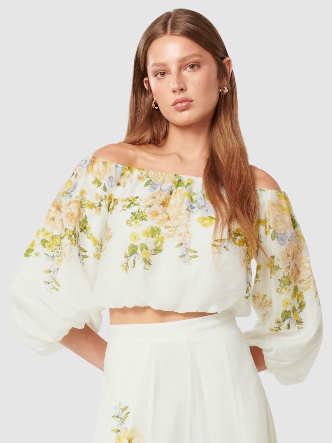 

Forever New Floral Print Off-Shoulder Bishop Sleeves Blouson Crop Top, Multi