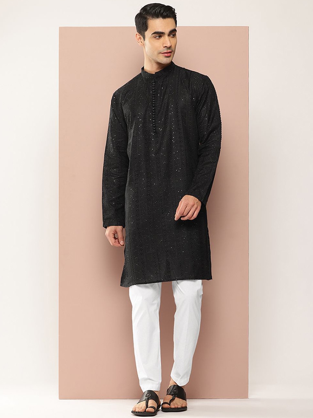 

See Designs Mandarin Collar Geometric Chikankari Embroidered Straight Kurta, Black