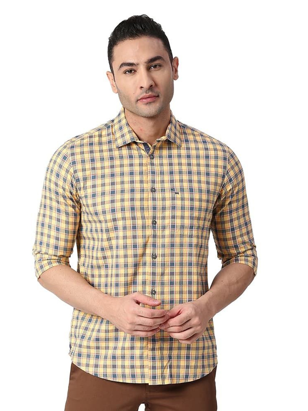 

Basics Men Relaxed Fit Spread Collar Checked Cotton Casual Shirt, Yellow