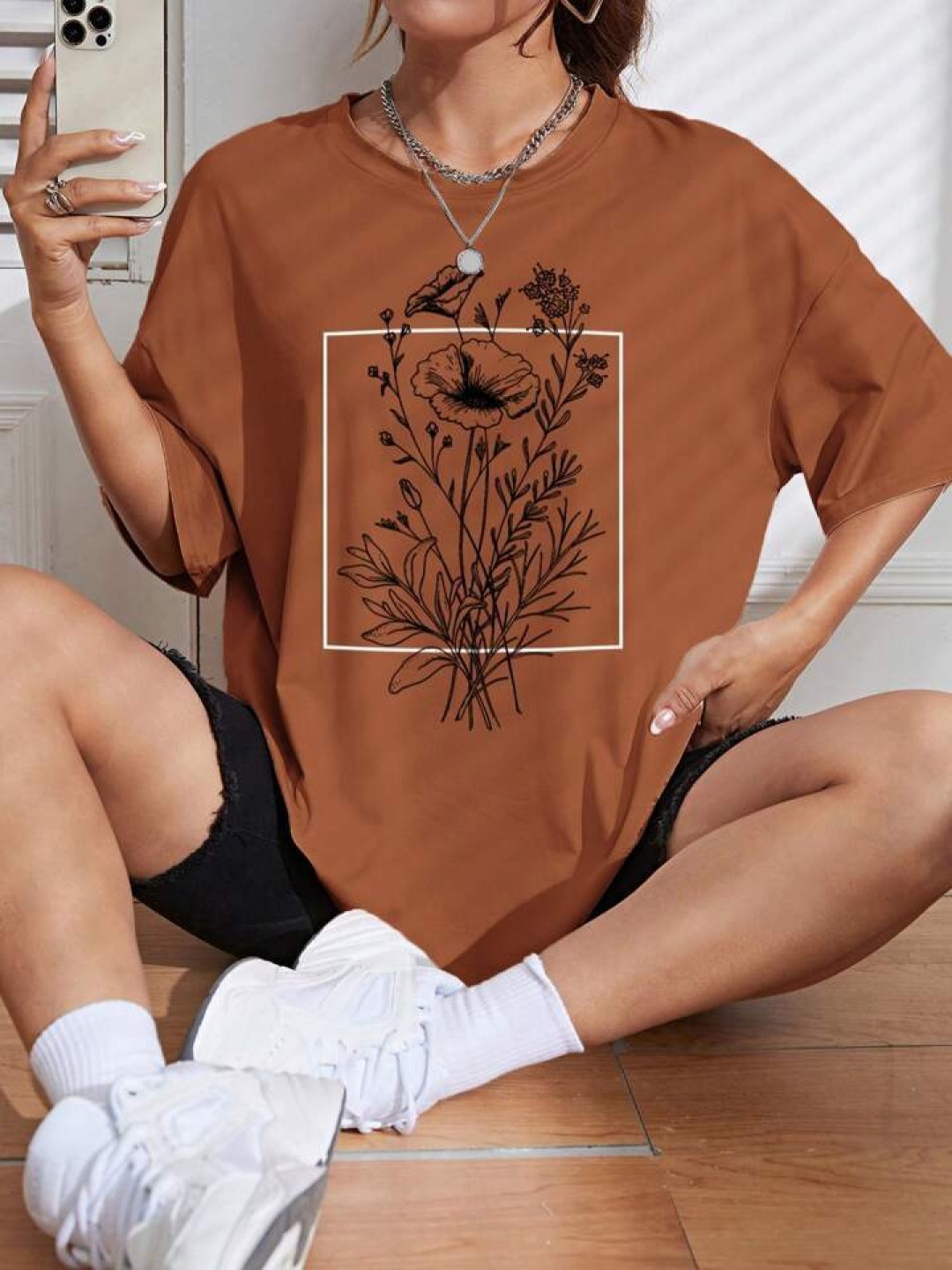 

KASHIAN Women Graphic Printed Round Neck Cotton Oversized T-shirt, Brown