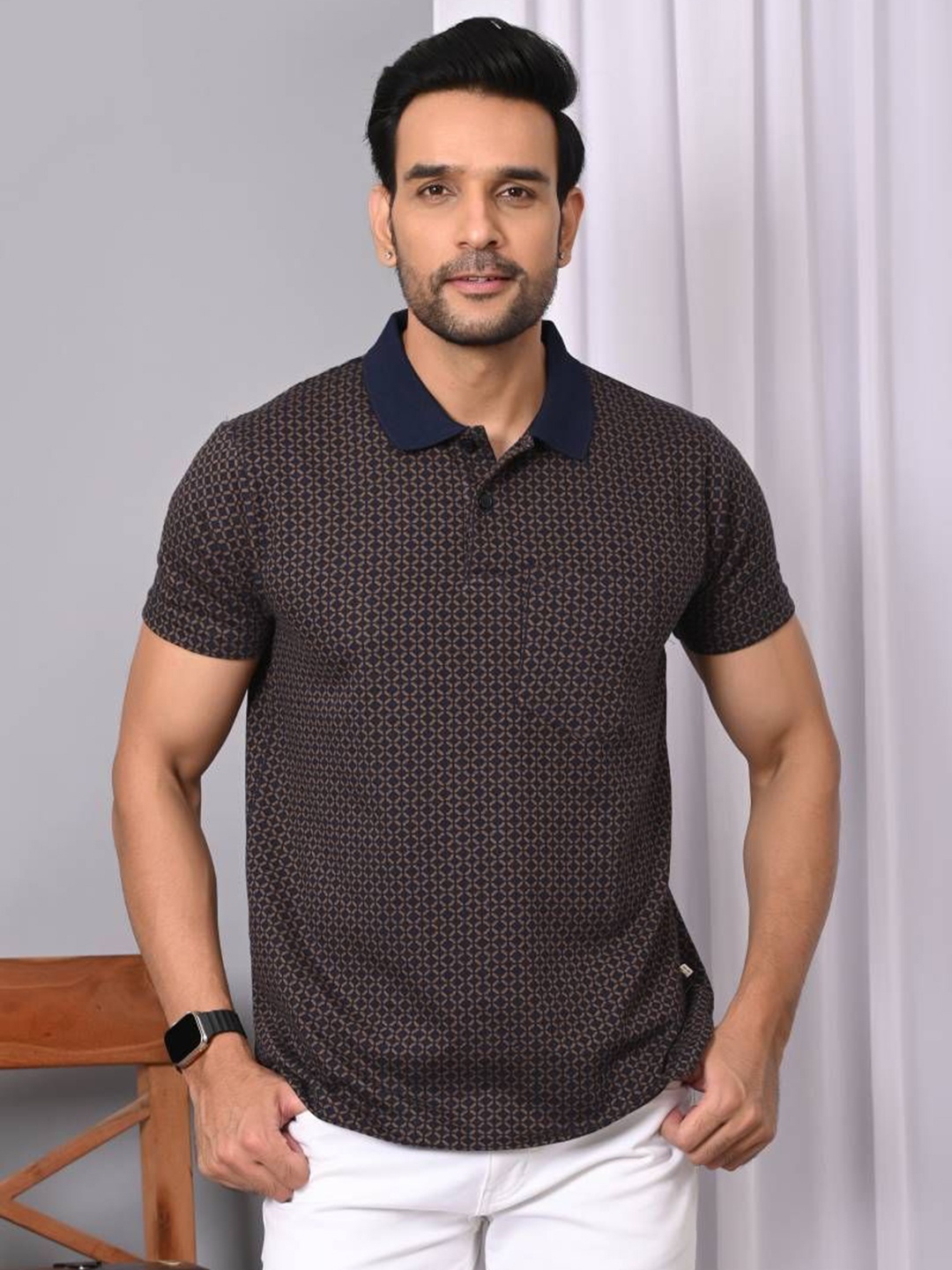 

ARBOUR Men Checked Polo Collar Cotton Slim Fit T-shirt, Navy blue