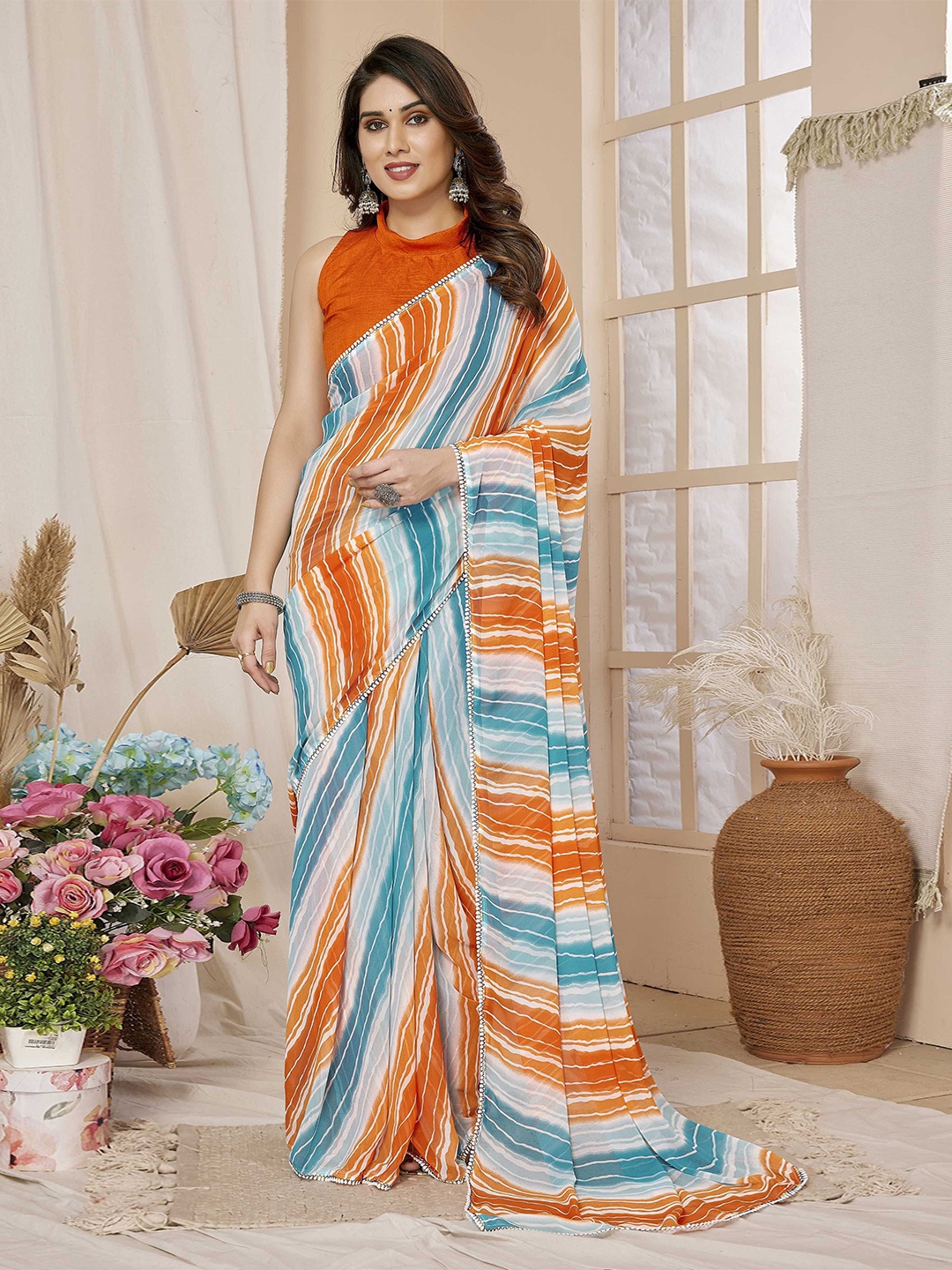 

DIVASTRI Printed Embroidered Poly Georgette Ready to Wear Saree, Orange