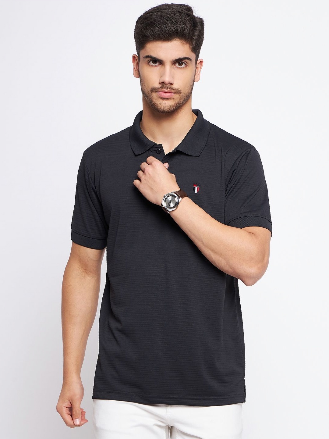 

NYKER Men Striped Polo Collar Cotton T-shirt, Black