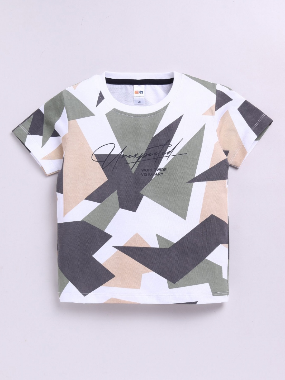 

LITTLE NINJA Boys Geometric Printed Round Neck Cotton T-shirt, White
