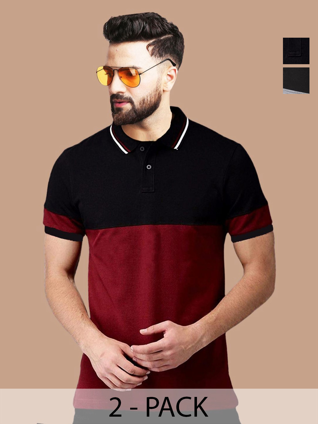 

Leotude Men Pack Of 2 Colourblocked Polo Collar Cotton T-shirts, Red