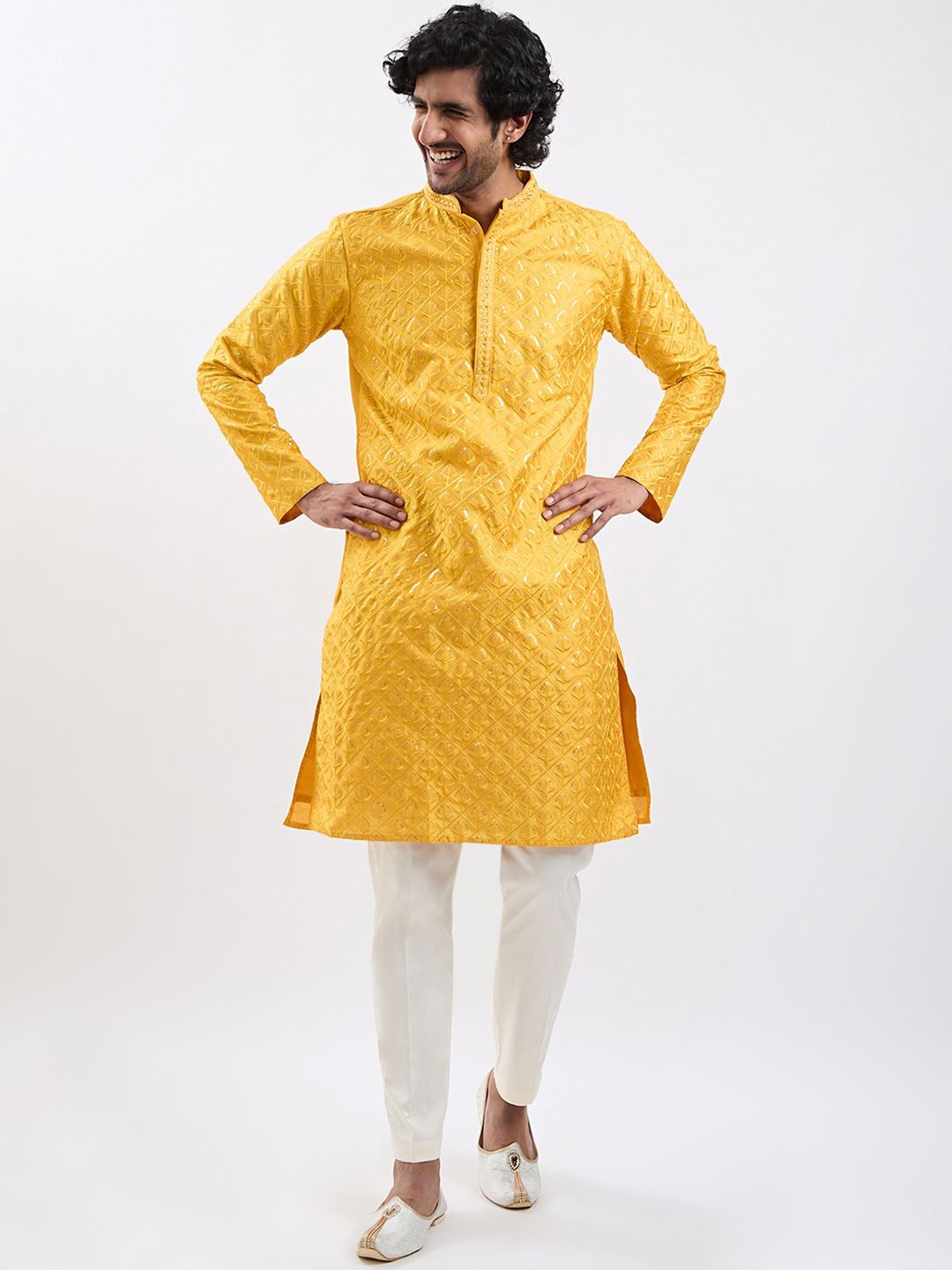 

VASTRAMAY Floral Embroidered Mandarin Collar Straight Thread Work Kurta With Pyjamas, Yellow