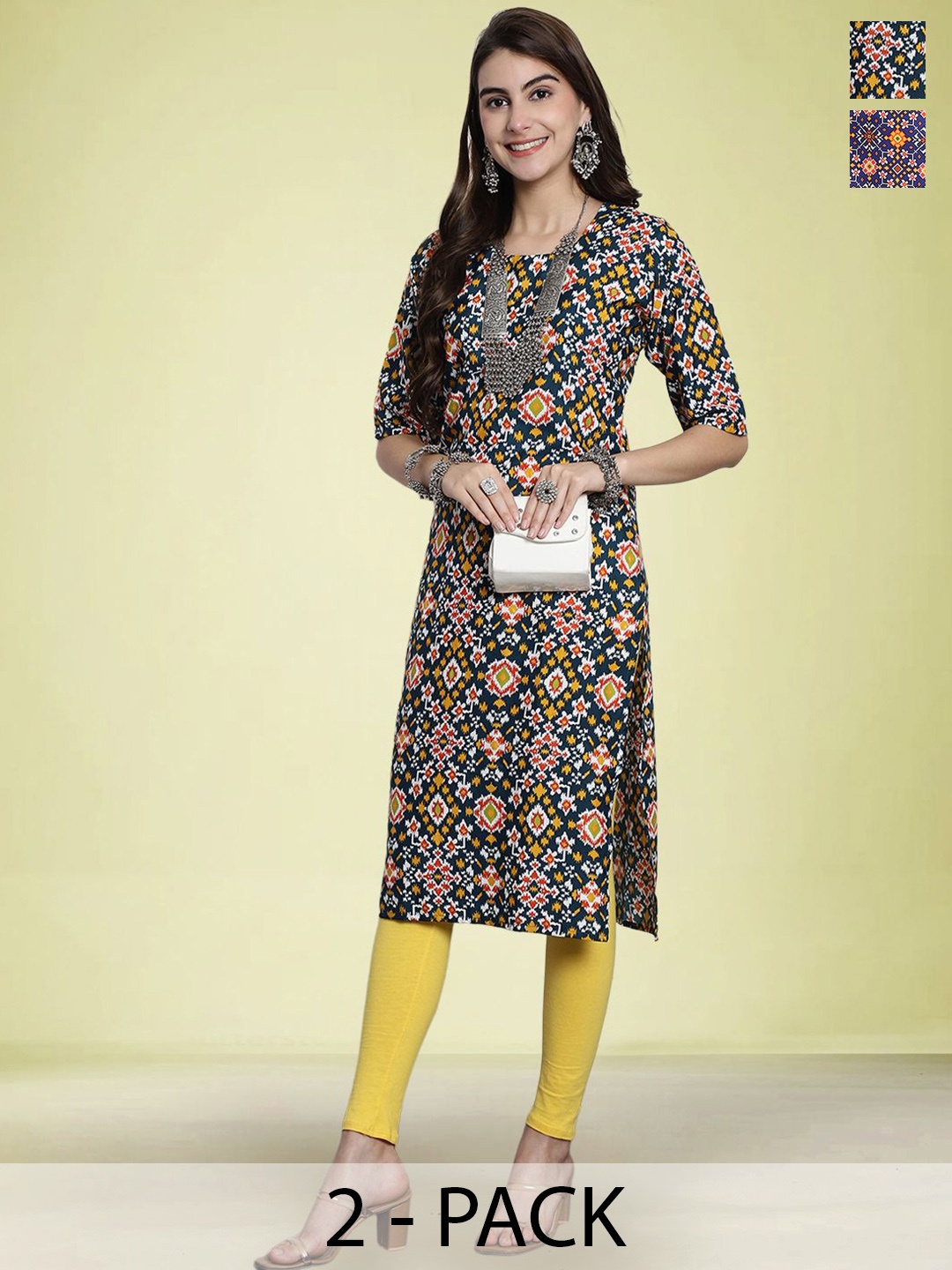 

Moda Rapido Set of 2 Printed Round Neck Straight Kurtas, Navy blue