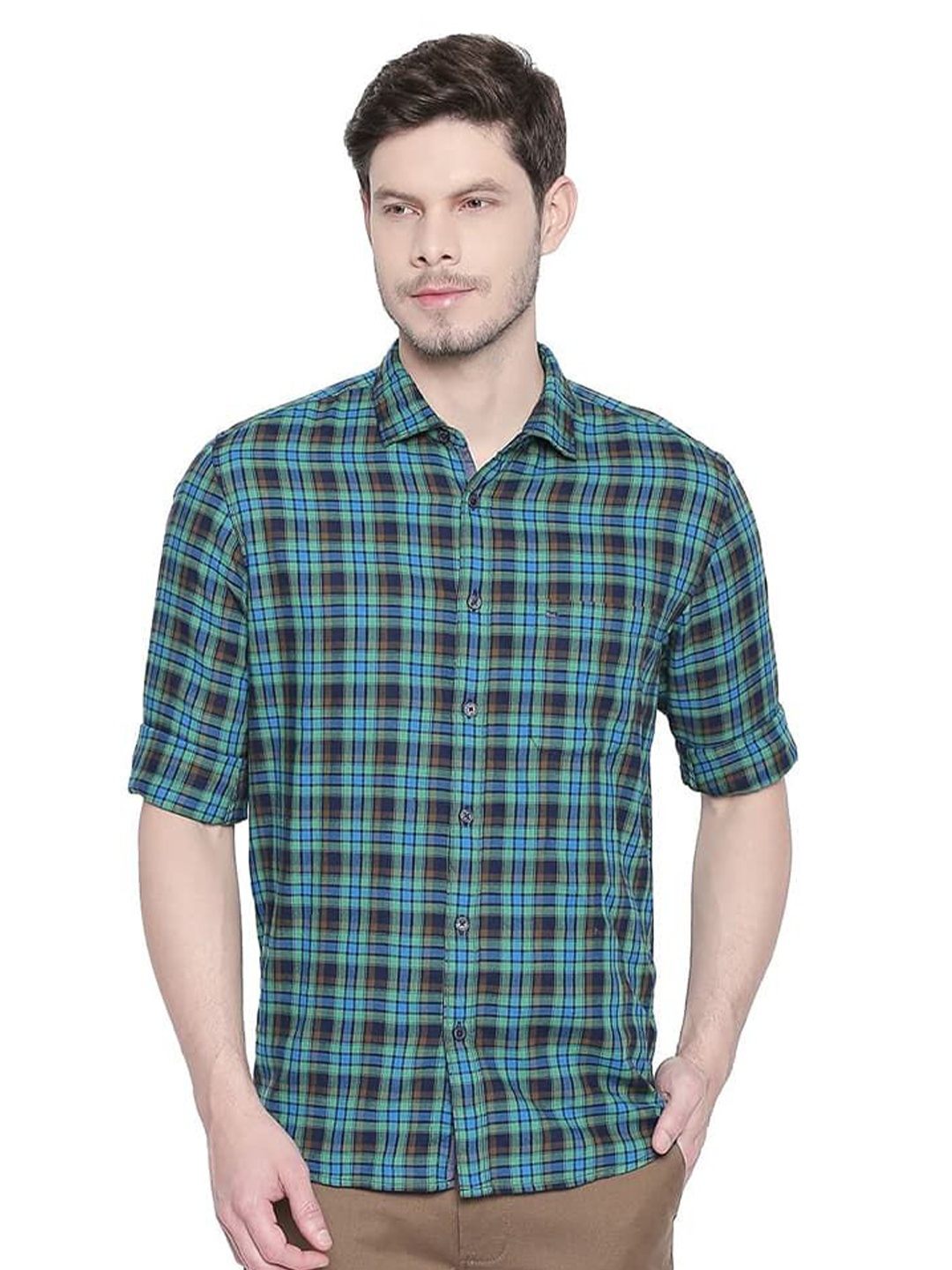 

Basics Men Relaxed Fit Spread Collar Checked Cotton Casual Shirt, Green