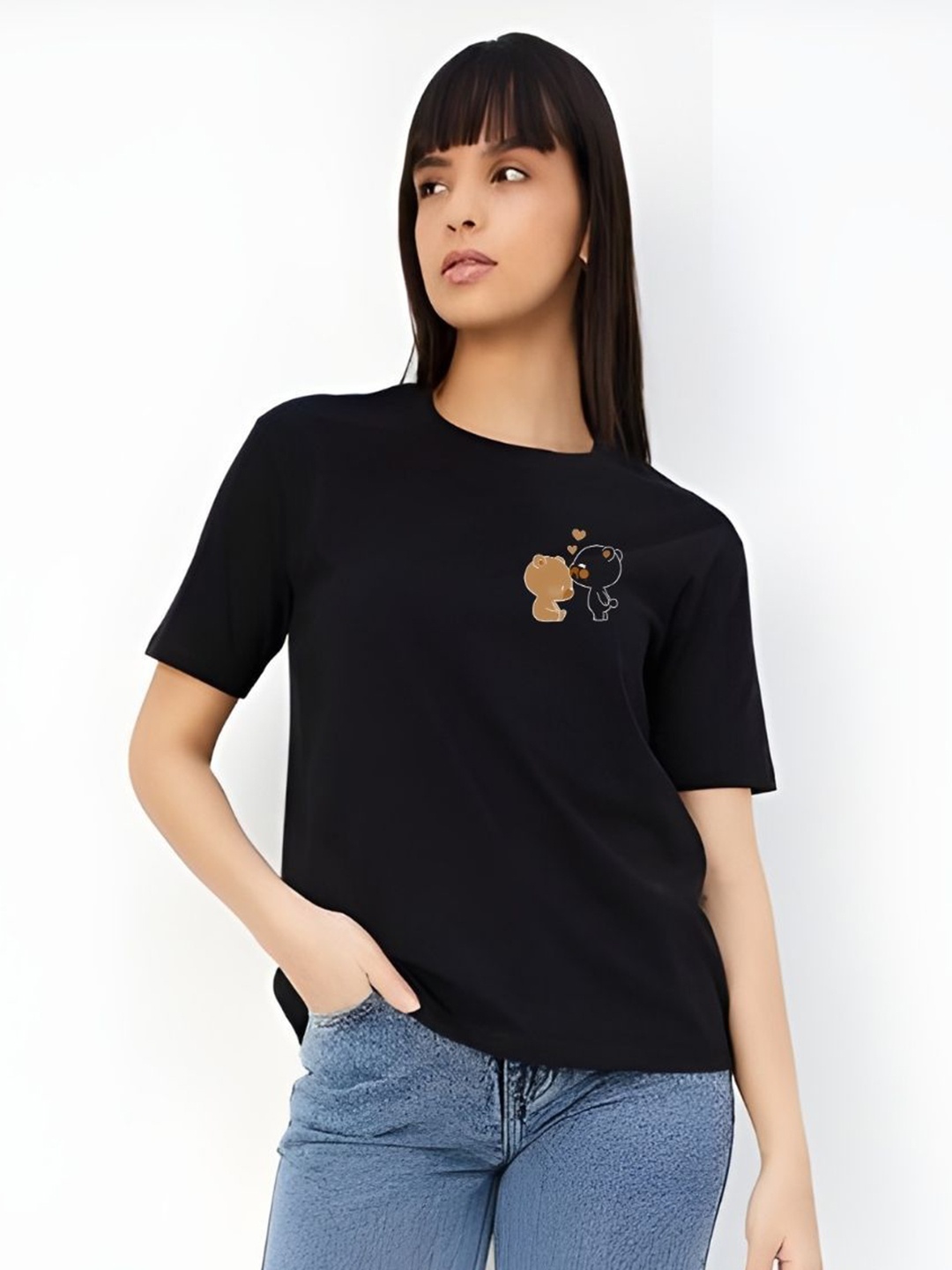 

DressBerry Women Graphic Printed Round Neck Cotton Boxy T-shirt, Black