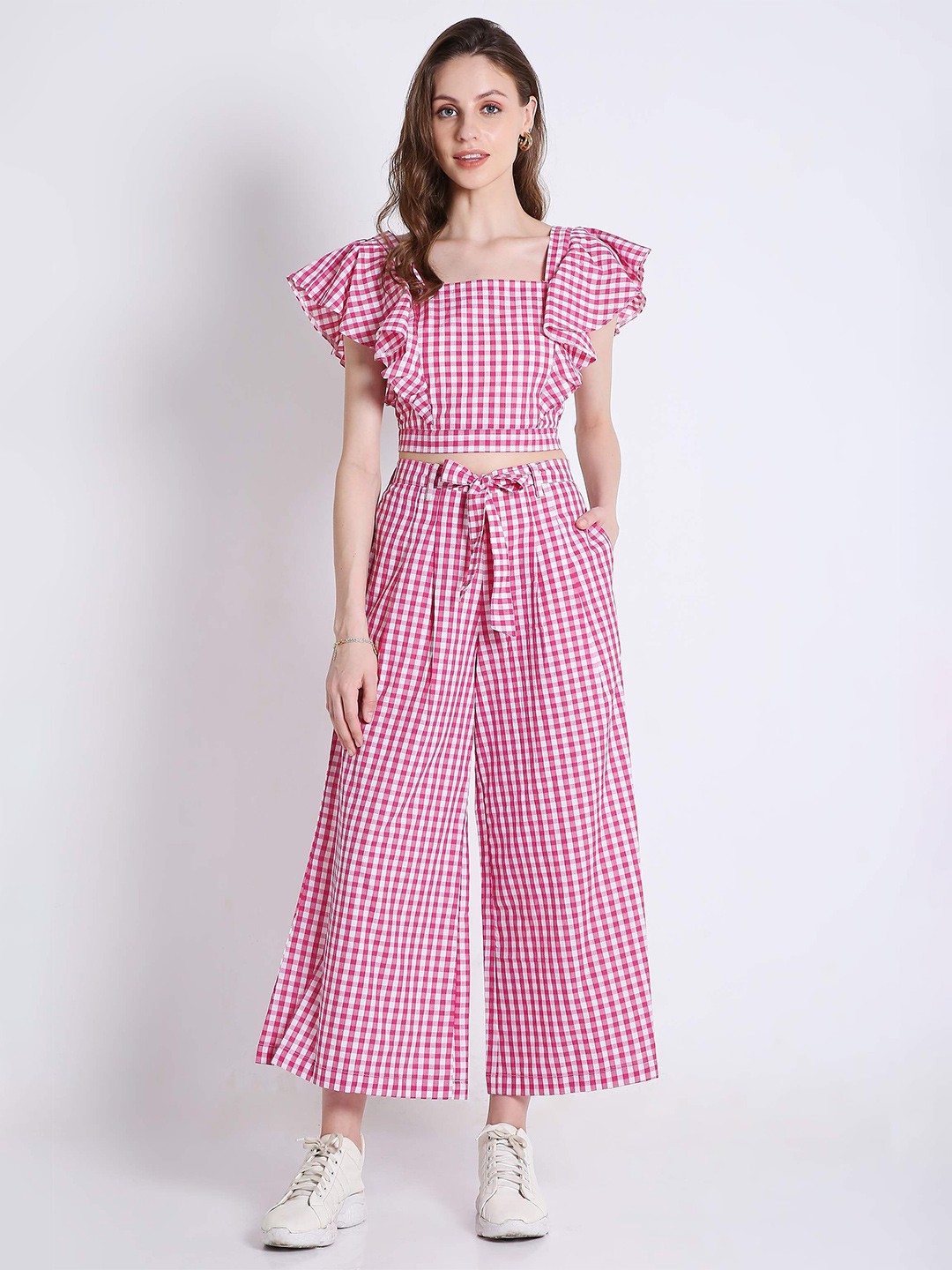 

French Theory Women Checked Square Neck Cotton Top, Pink