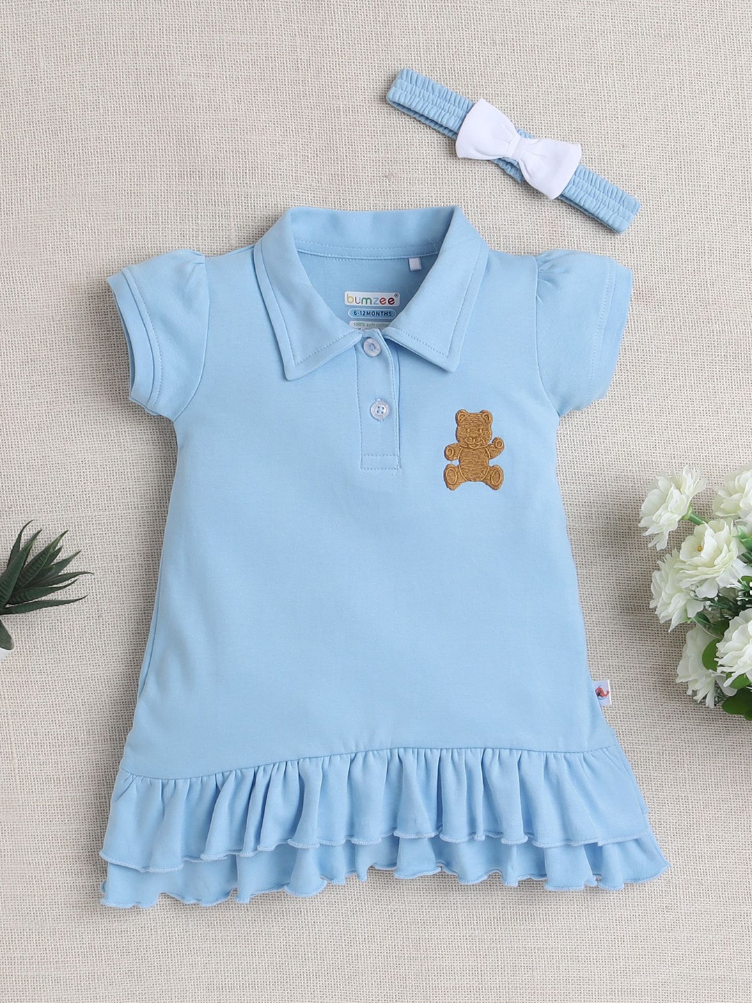 

BUMZEE Girl Embroidered Short Sleeves Shirt Collar Cotton A-Line Dress With Headband, Blue