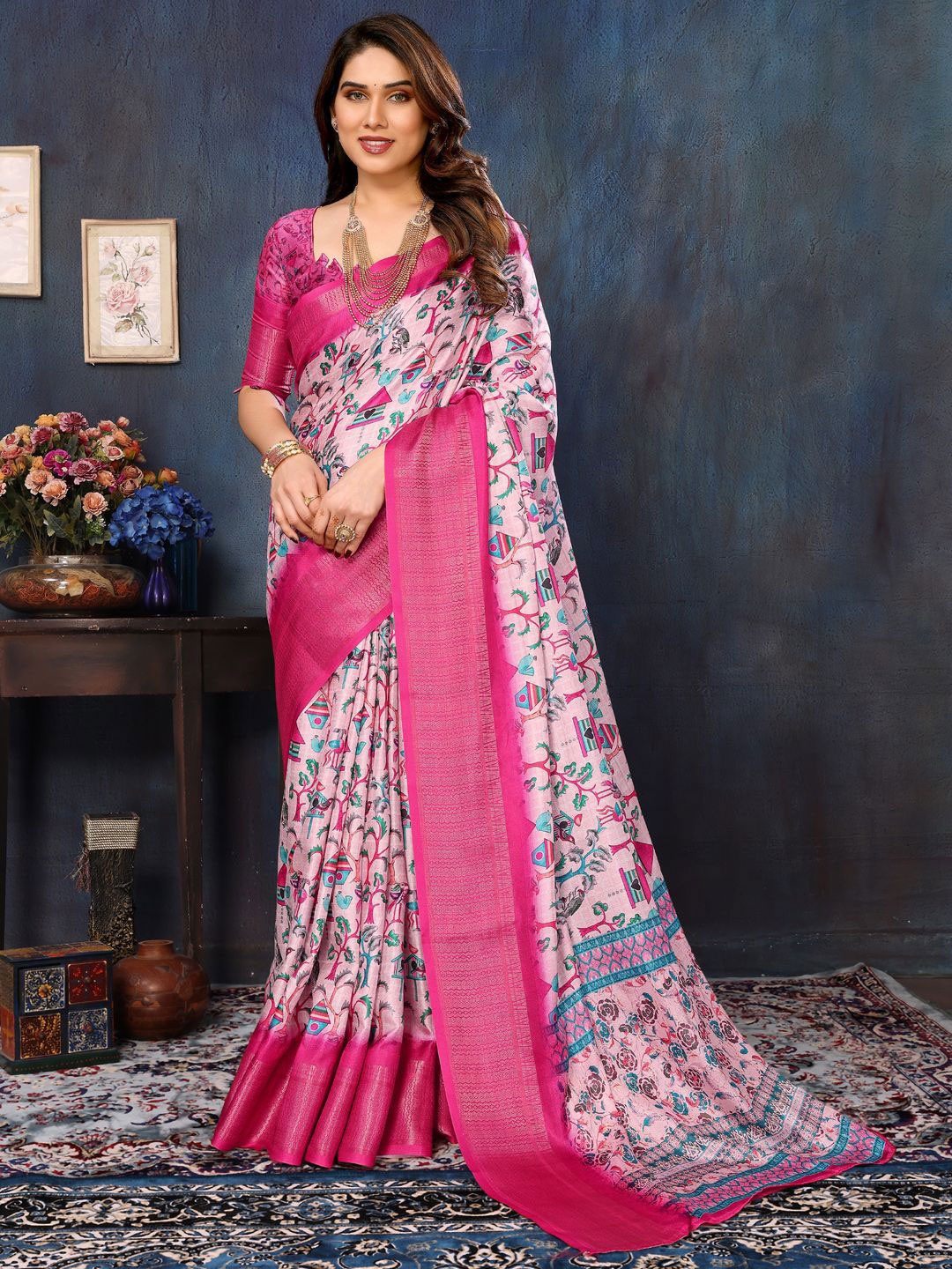 

DIVASTRI Warli Zari Silk Cotton Saree, Pink