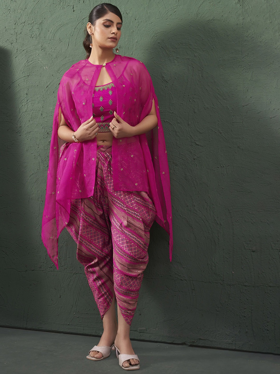 

Anouk Women Bandhani Embroidered Regular Beads and Stones Top with Dhoti Pants, Pink