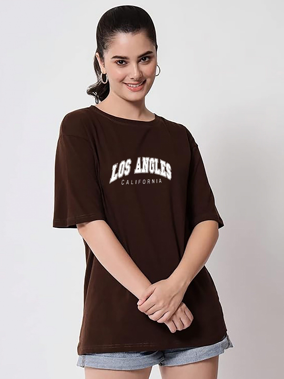 

My Swag Women Typography Printed Round Neck Cotton Oversized T-shirt, Brown
