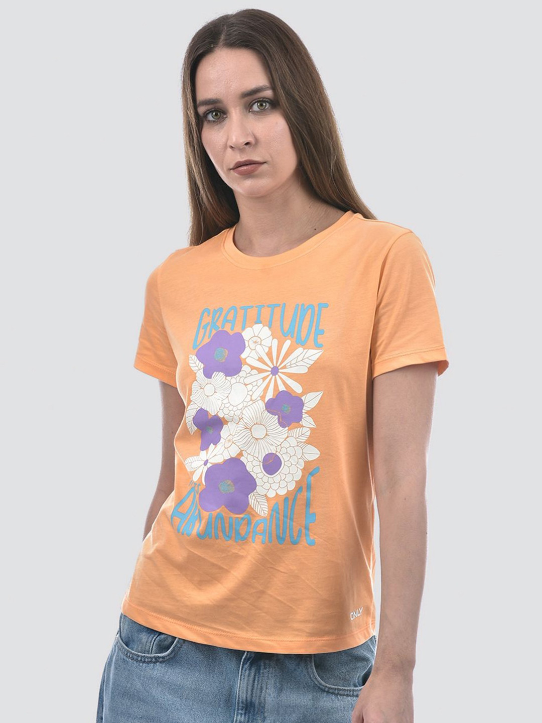 

ONLY Women Floral Printed Round Neck Cotton T-shirt, Orange