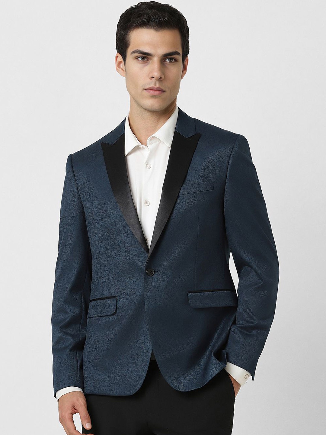 

V Dot Self Design Peaked Lapel Collar Slim Fit Blazer, Blue