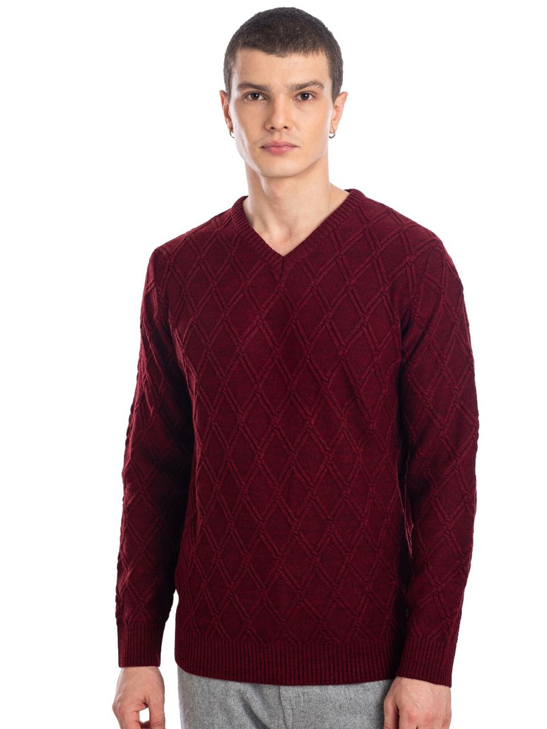 

AXMANN Men V-Neck Woollen Pullover Sweater, Red