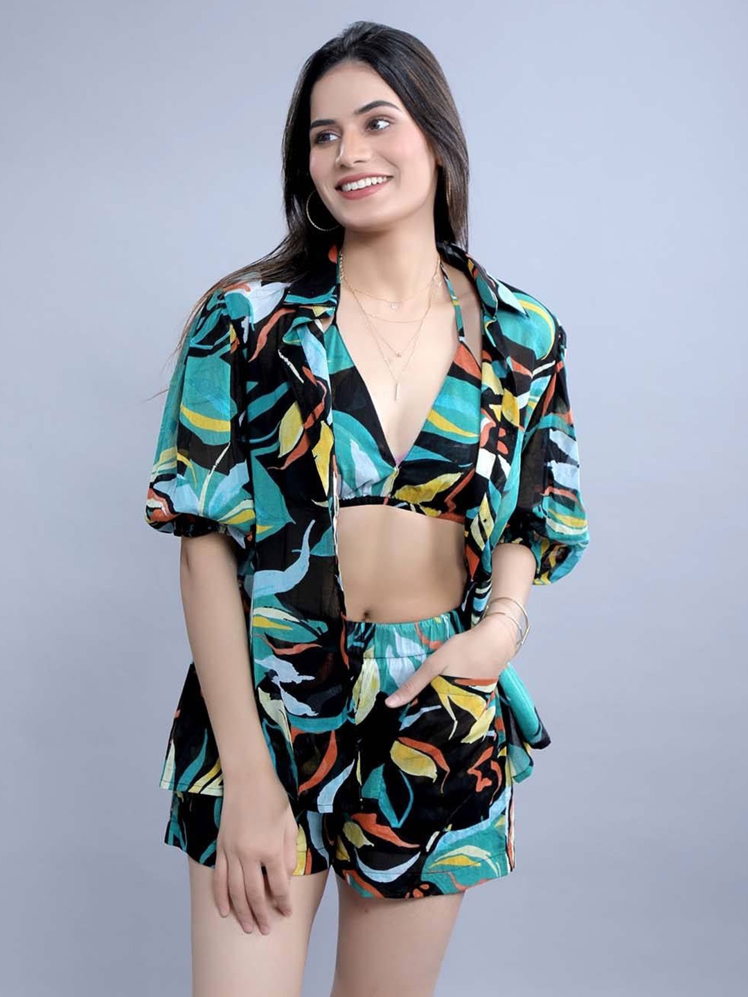 

French Theory Women Printed Cotton Co-Ord Set Top, Green