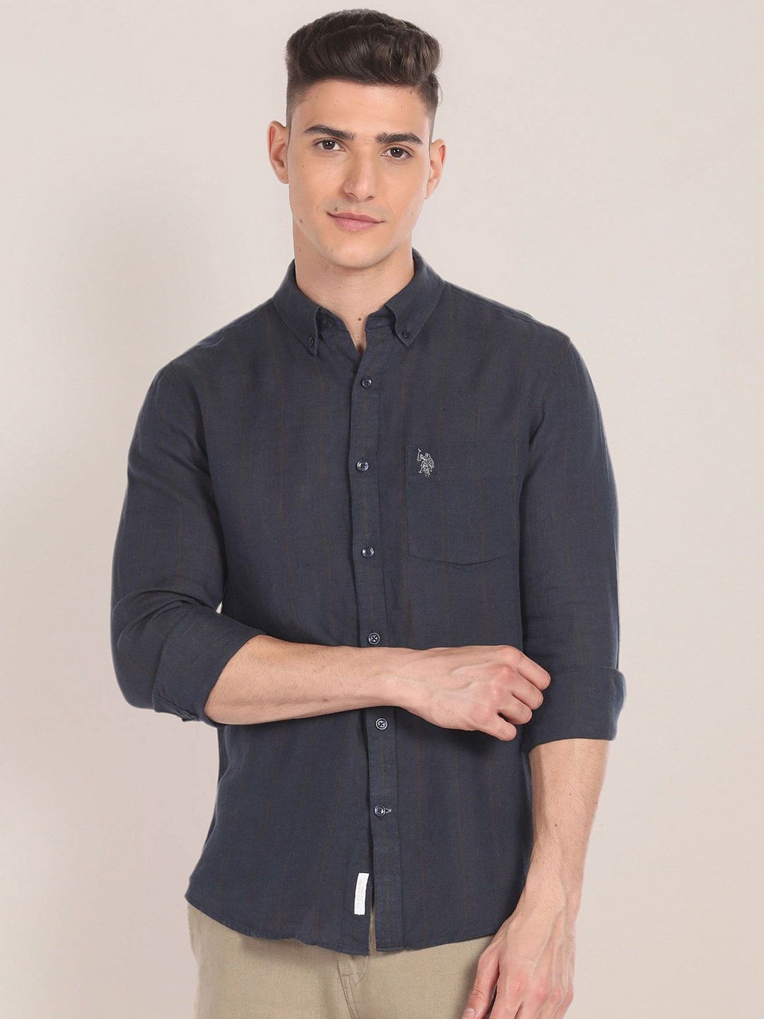 

U.S. Polo Assn. Men Slim Fit Button-Down Collar Vertical Striped Cotton Casual Shirt, Grey