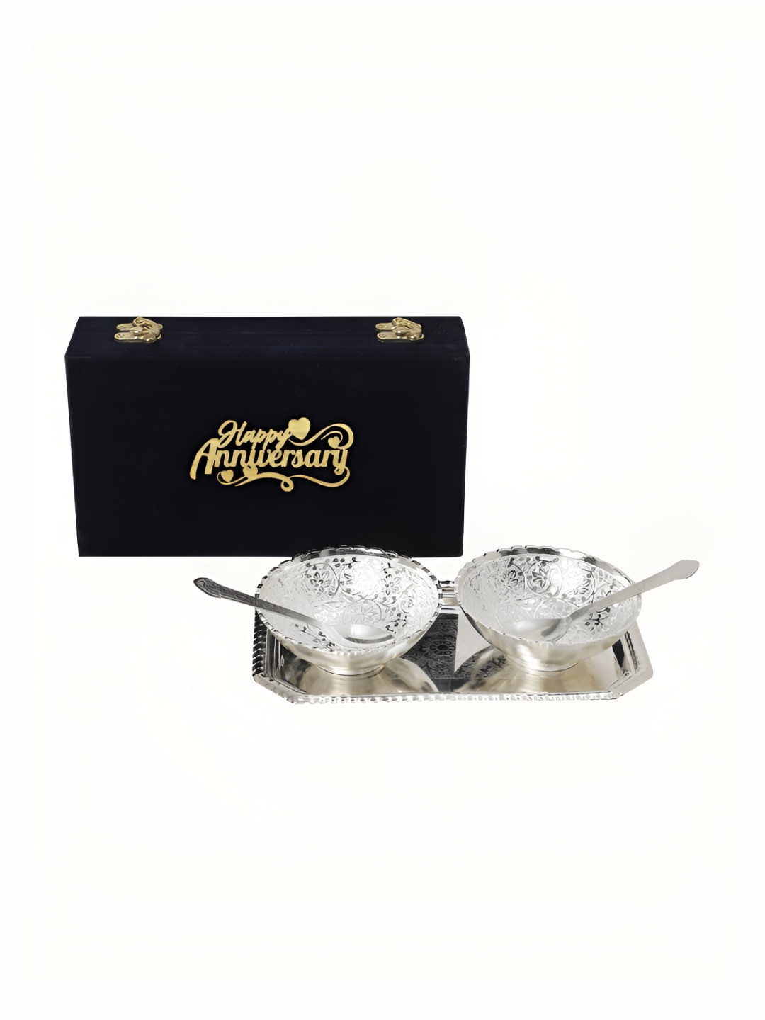

INTERNATIONAL GIFT Silver-Toned 6 PCS Textured Bowl Set With Tray & Spoons With Velvet Box