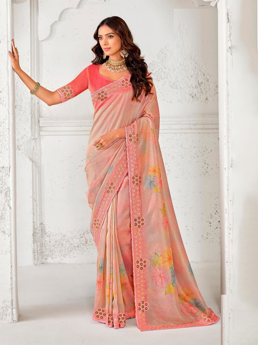 

MAHALASA Ethnic Motifs Embroidered Art Silk Designer Saree, Pink