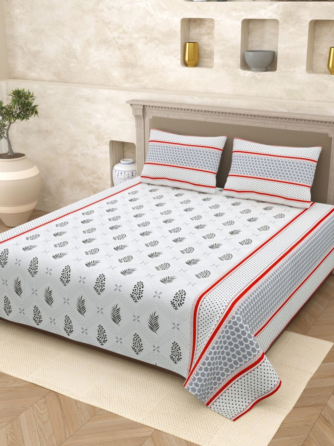 

Myntra Elegant Homes White Printed Cotton 210TC King Bedsheet Set 2.65m x 2.20m