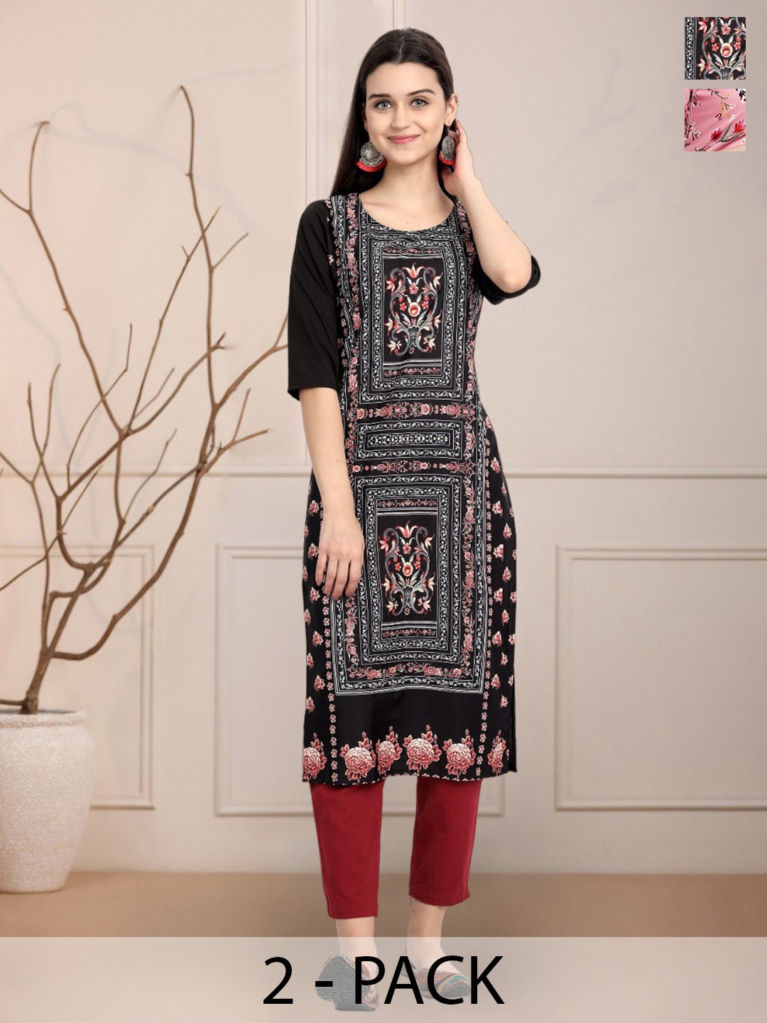 

Moda Rapido Set of 2 Ethnic Printed Round Neck Straight Kurtas, Pink