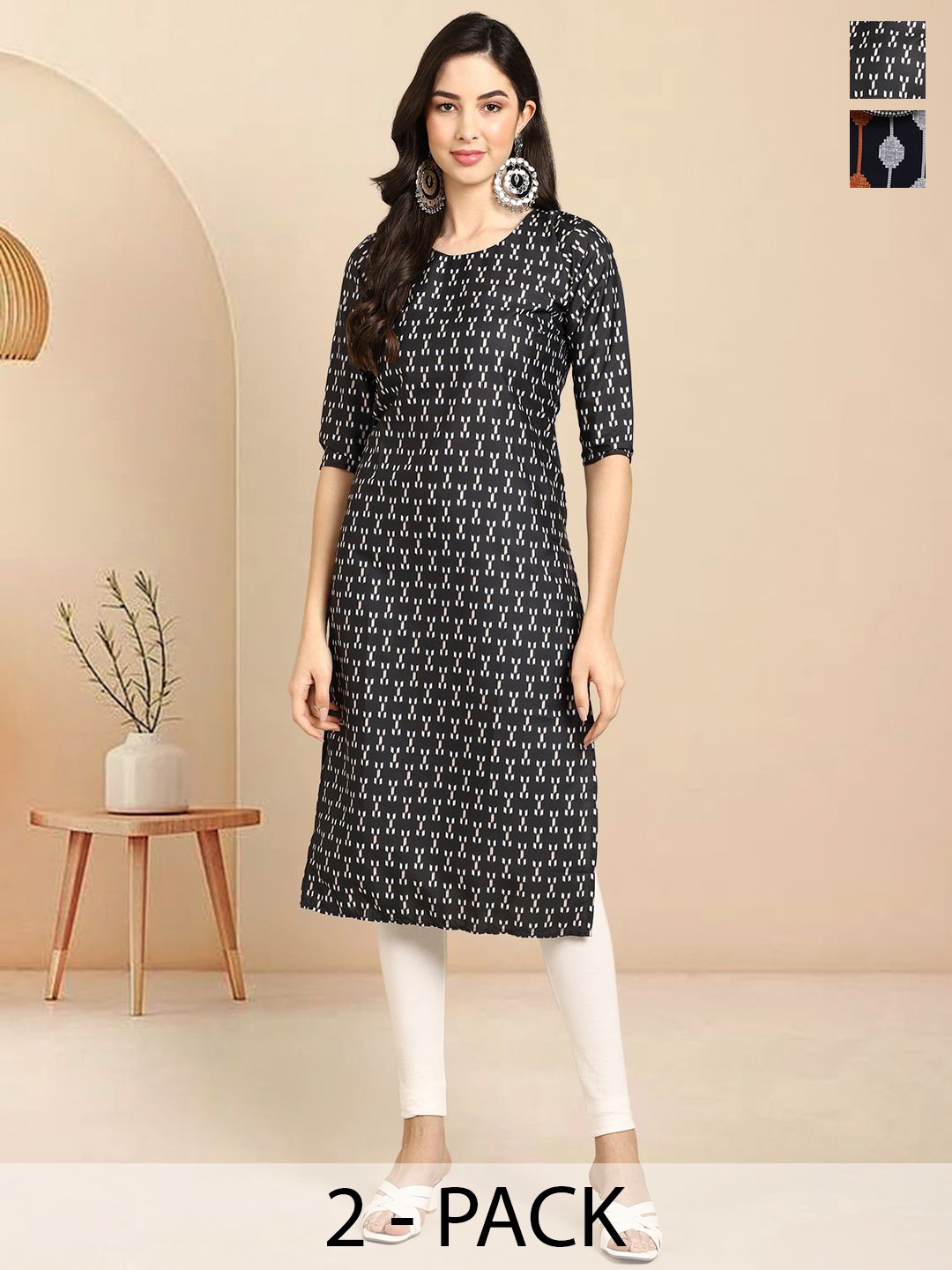 

Moda Rapido Set of 2 Printed Round Neck Straight Kurtas, Black