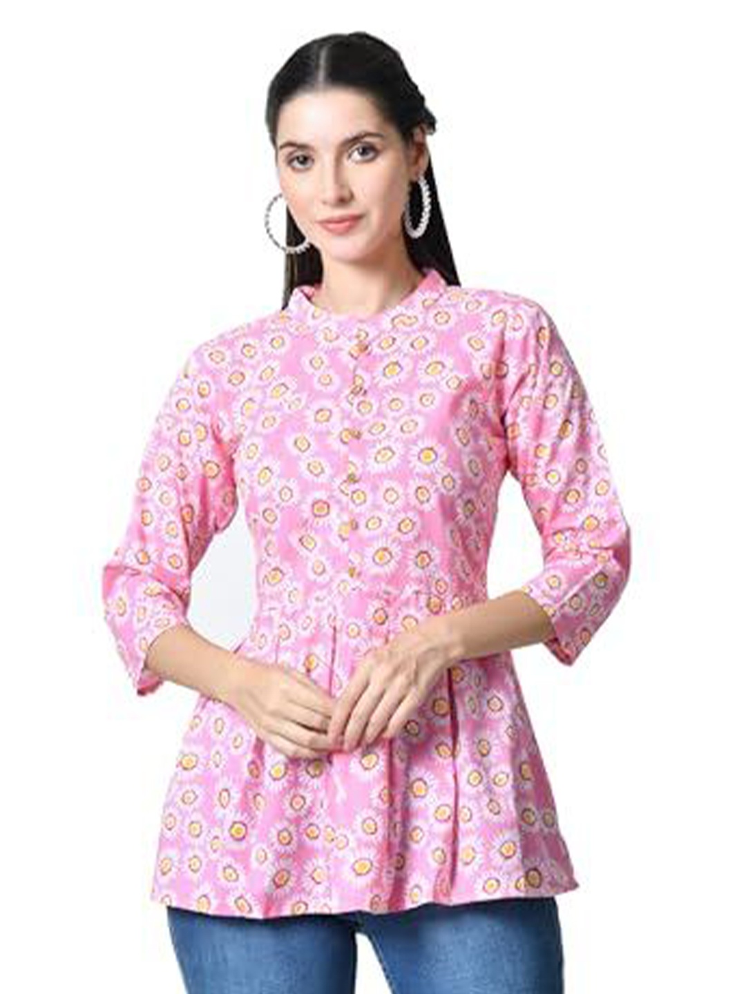 

LIBOZA Women Floral Printed A-Line Pure Cotton Kurti, Pink