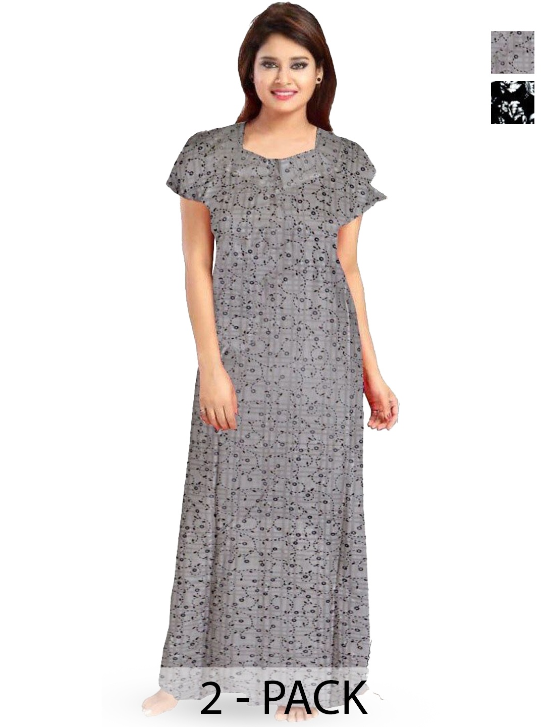 

PR PINK ROYAL Women Pure Cotton Printed Maxi Nightdress, Grey