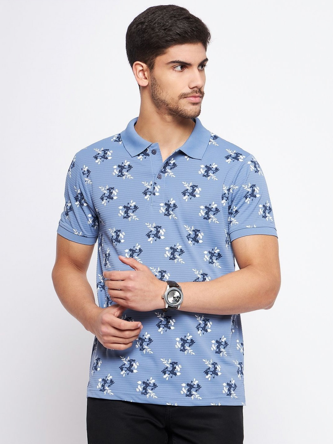 

NYKER Men Floral Printed Polo Collar Cotton T-shirt, Blue