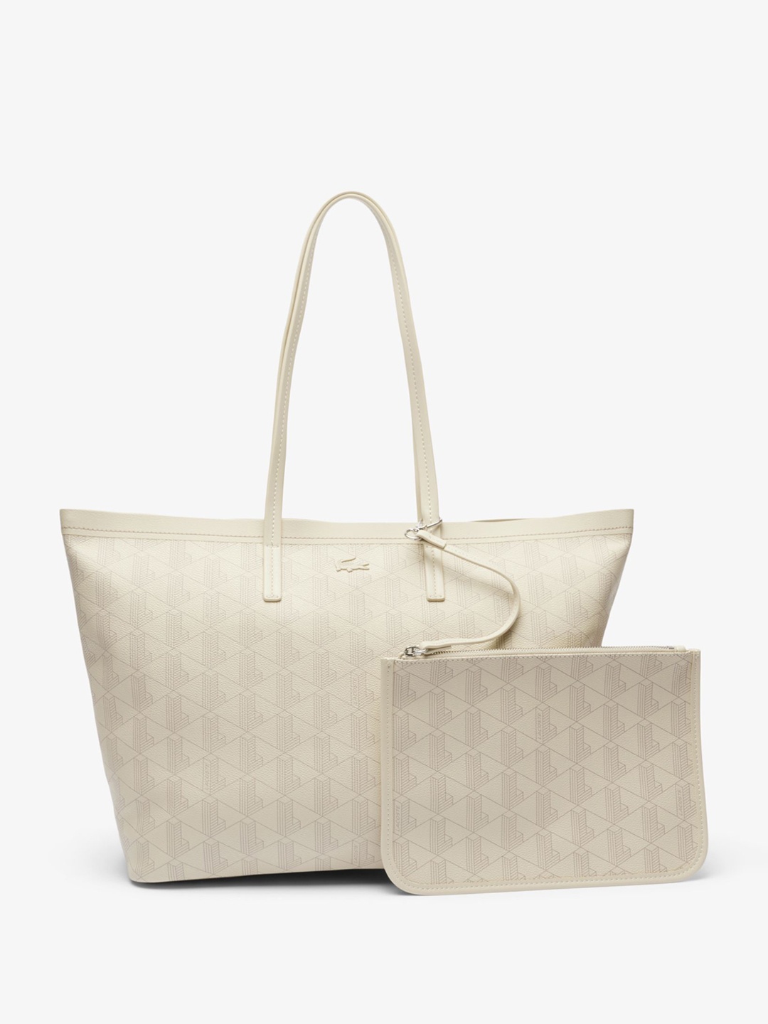 

Lacoste Women Graphic Printed Structured Cotton Shoulder Bag With Pouch, Off white