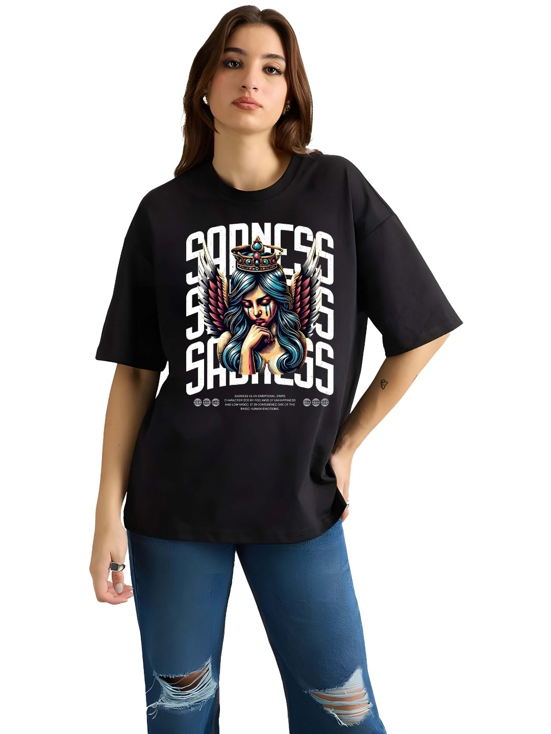

SZN Women Graphic Printed Round Neck Cotton Oversized T-shirt, Black
