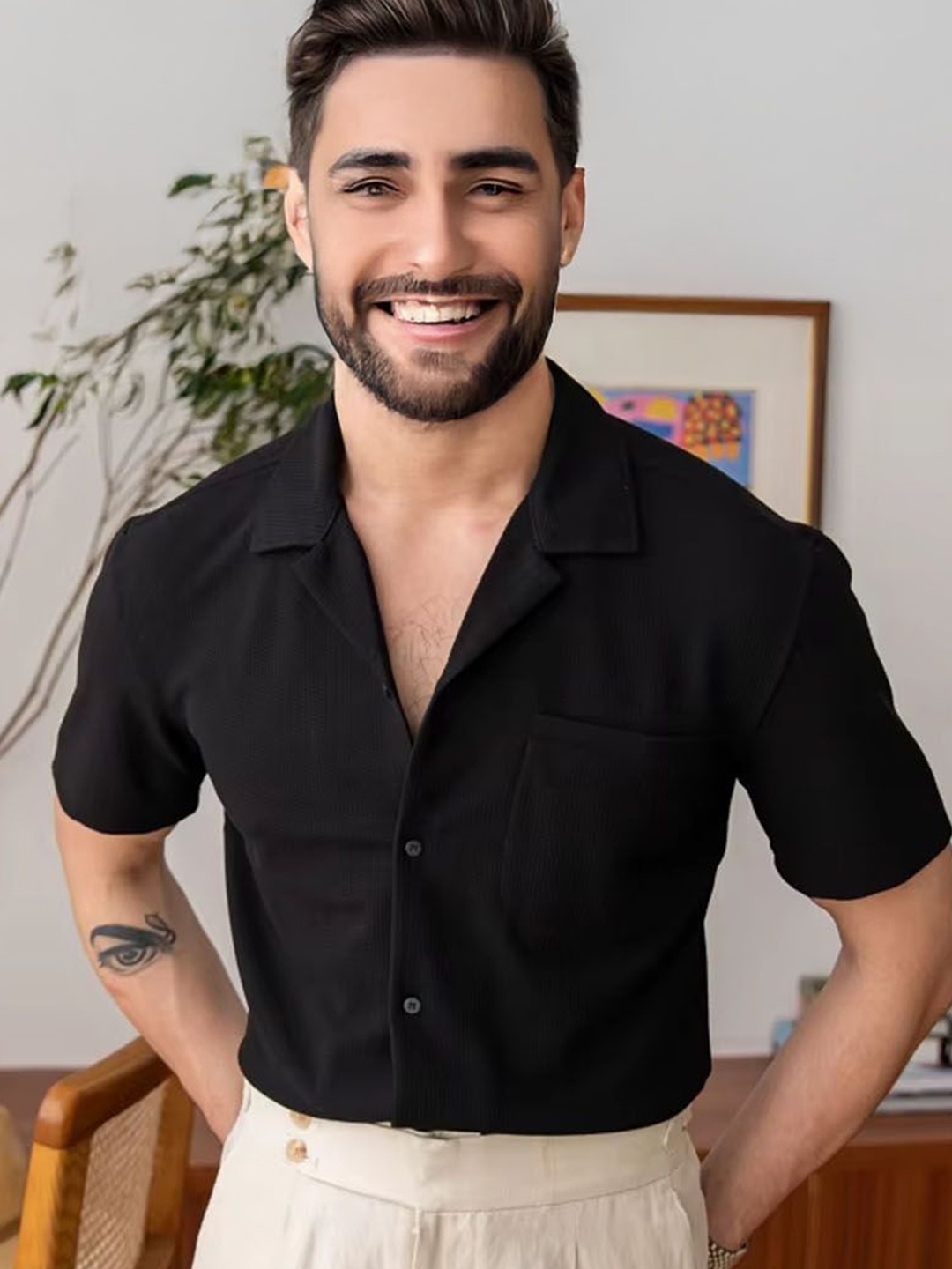

StyleCast Men Cuban Collar Solid Casual Shirt, Black