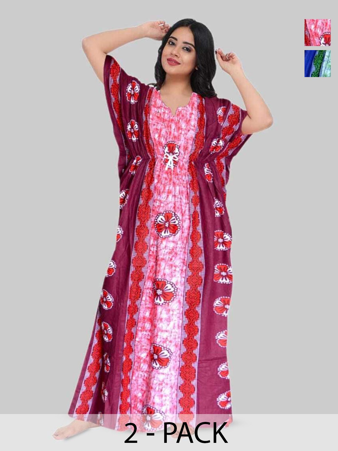 

PR PINK ROYAL Women Pack Of 2 Printed Pure Cotton Maxi Kaftan Nightdress, Red