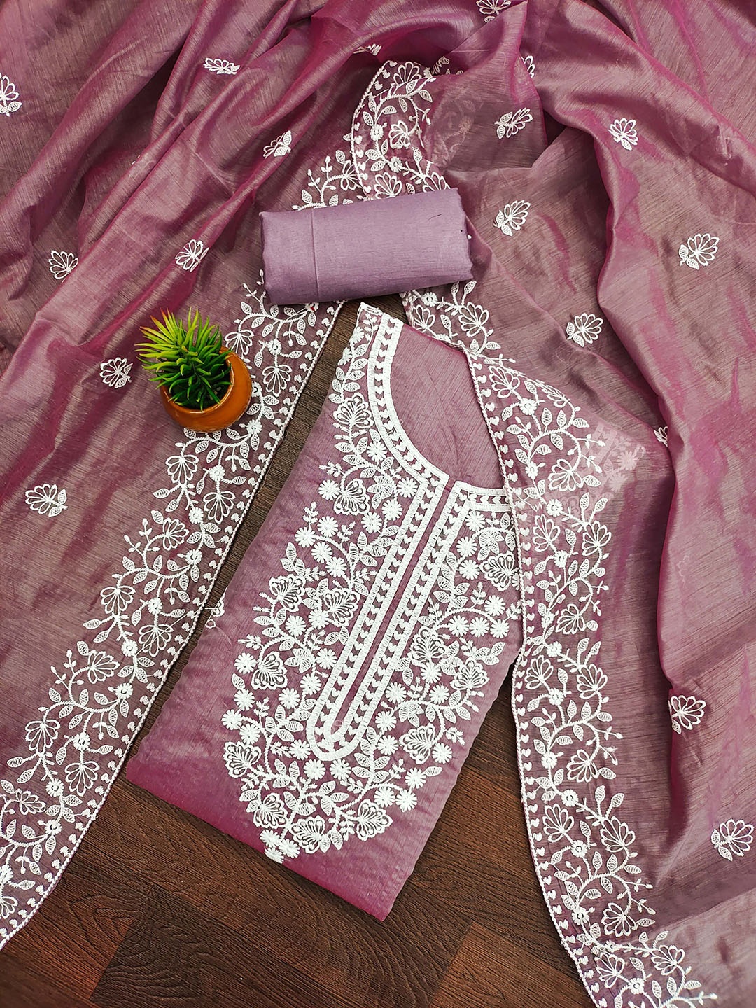 

HERE&NOW Floral Embroidered Chanderi Cotton Unstitched Dress Material, Lavender