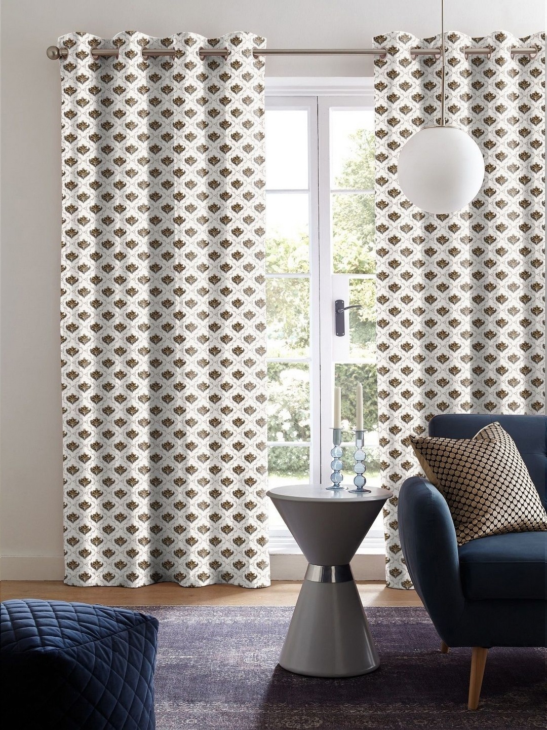 

CASABLEU Brown & White Set of 2 Geometric Long Door Curtain