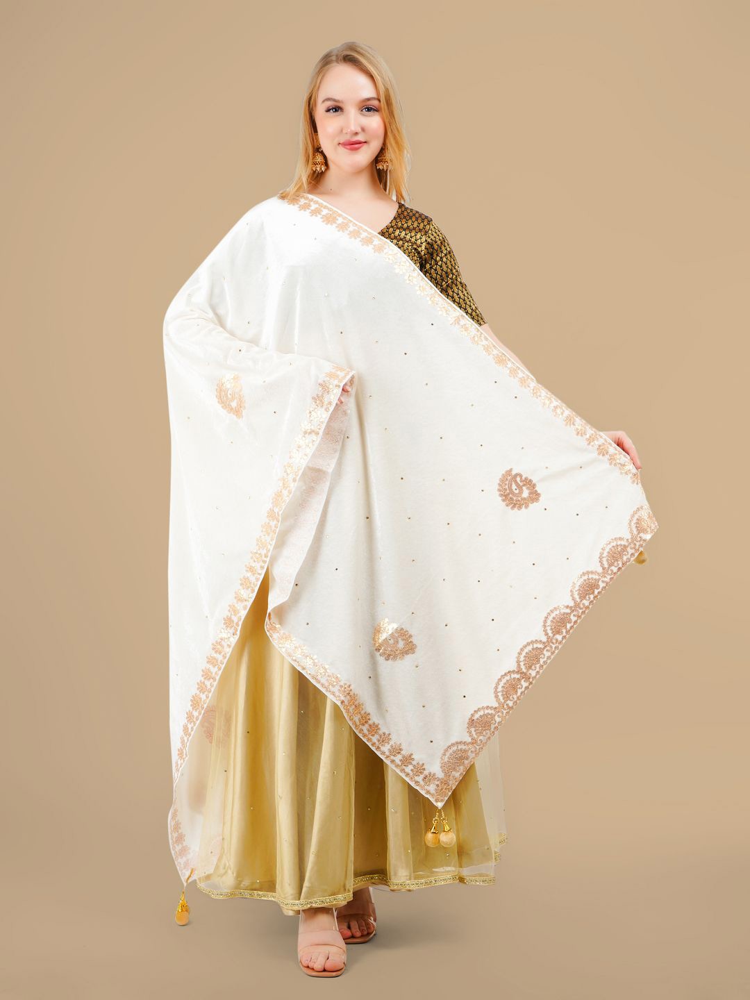 

Karthav Fashion Paisley Embroidered Velvet Dupatta With Gotta Patti, Cream